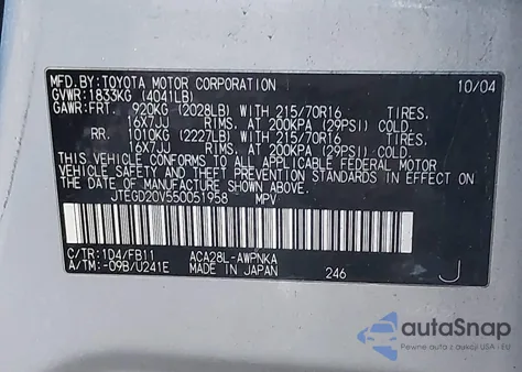 2005 Toyota Rav4 z USA, uszkodzony, nr VIN JTEGD20V550051958